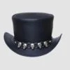 Black leather top hat with silver iron skull band and gothic outlaw design