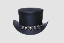 Black leather top hat with silver iron skull band and gothic outlaw design