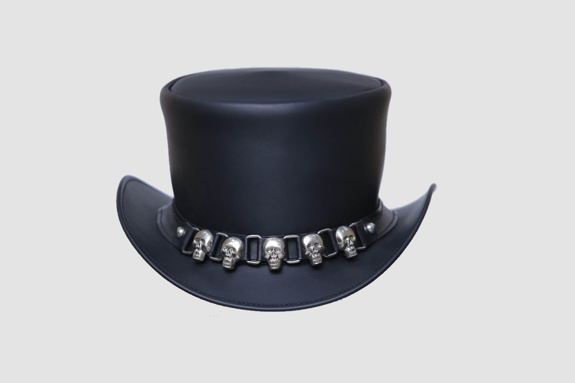 El Dorado Black Leather Top Hat Five Skulls Band, TH114A