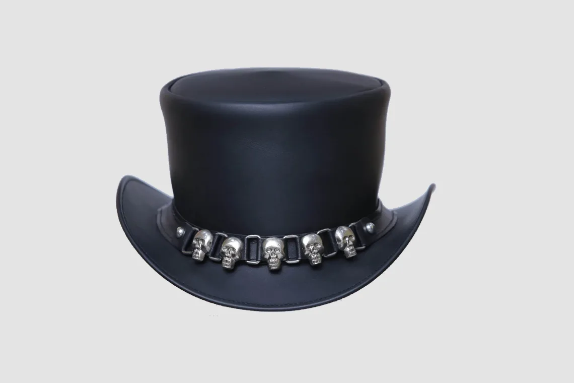 Black leather top hat with silver iron skull band and gothic outlaw design