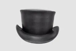 Black leather top hat with unbanded crown and classic handcrafted silhouette
