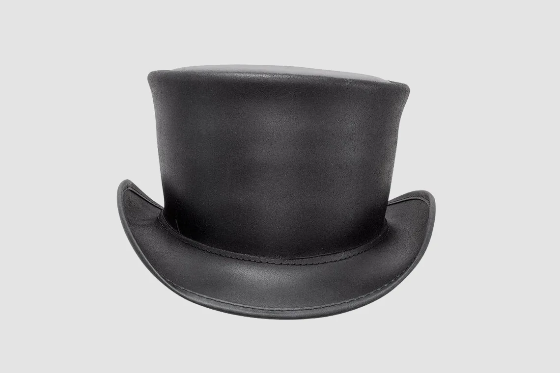 Black leather top hat with unbanded crown and classic handcrafted silhouette