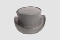 Gray leather top hat with matching band and classic Victorian-inspired design