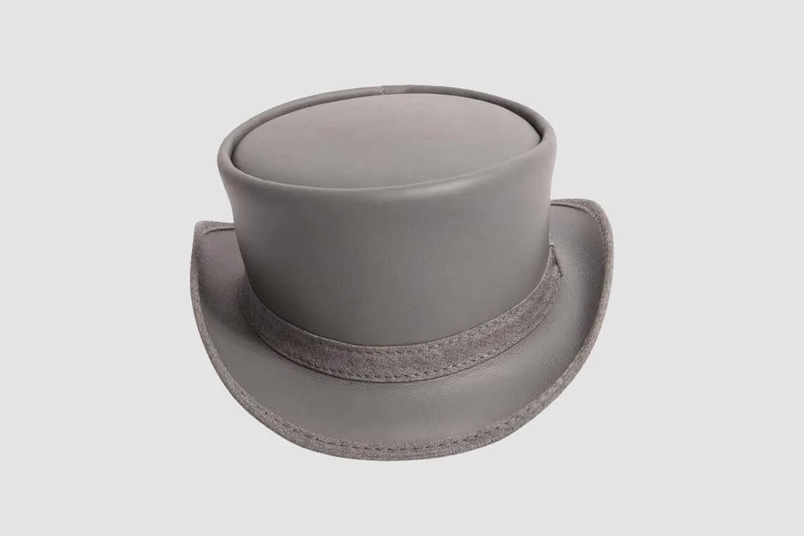 Gray leather top hat with matching band and classic Victorian-inspired design