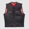 Men's Black Quilted Leather Motorcycle Vest with Red Paisley Lining in genuine leather