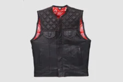 Men's Black Quilted Leather Motorcycle Vest with Red Paisley Lining in genuine leather