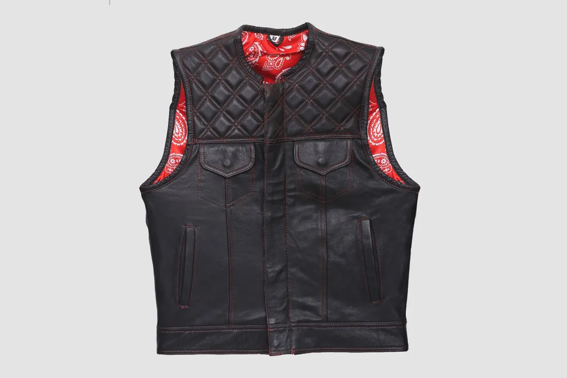 Men's Black Quilted Leather Motorcycle Vest with Red Paisley Lining in genuine leather