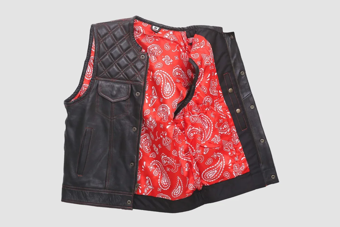 Men's Black Quilted Leather Motorcycle Vest with Red Paisley Lining - Crimson Torque - Image 2