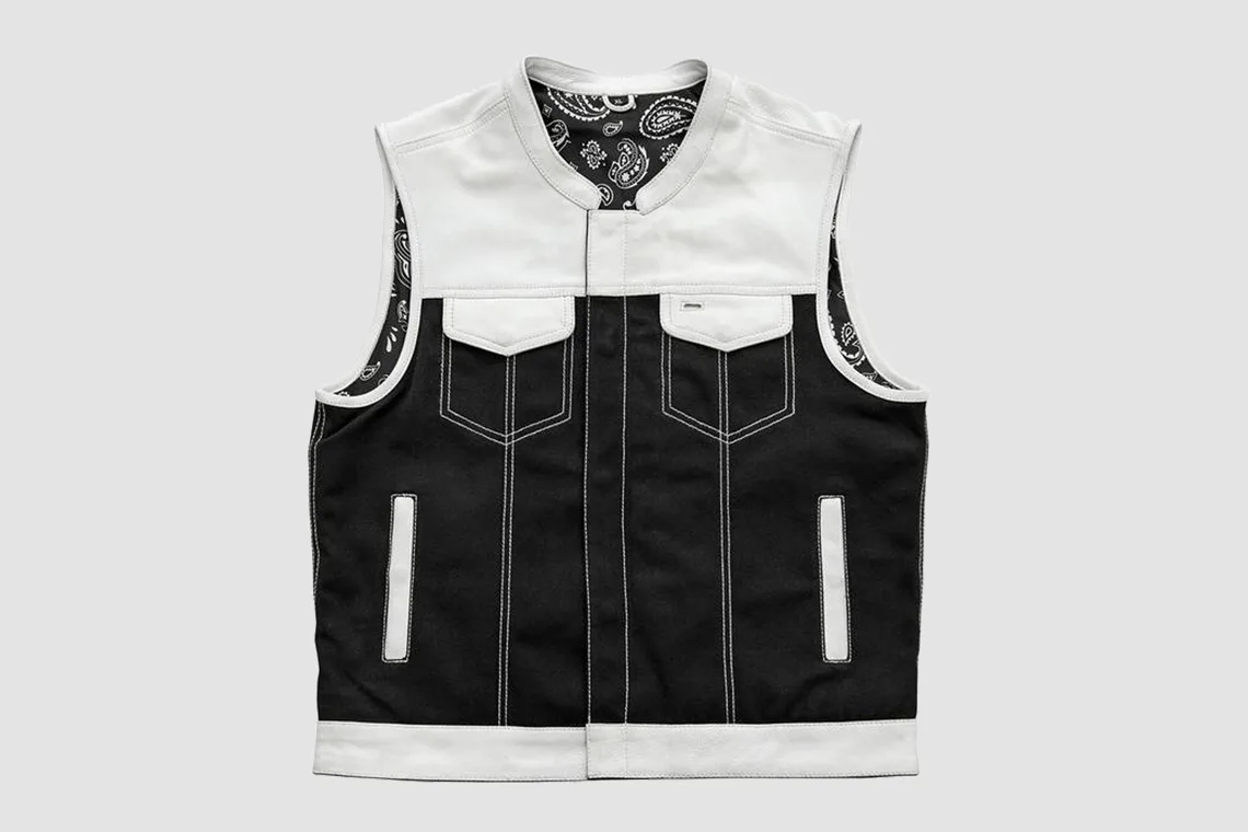 Men's Black & White Leather Motorcycle Vest with Paisley Lining front and interior views