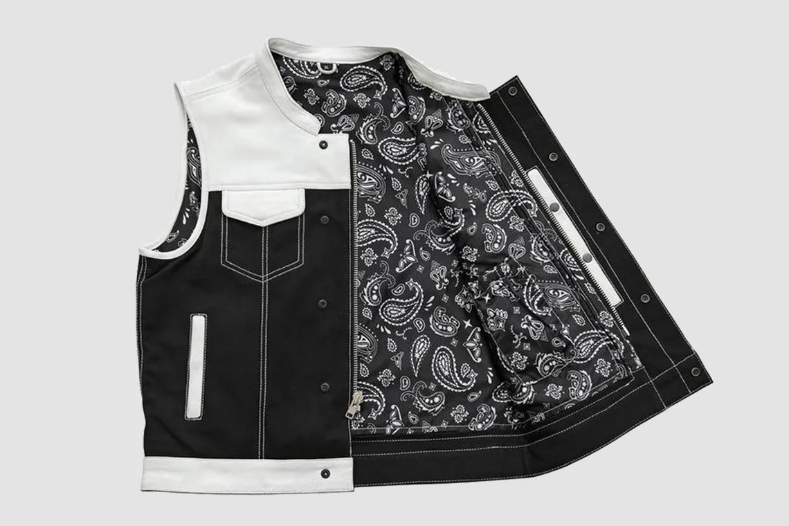 Men's Black & White Leather Motorcycle Vest with Paisley Lining - Image 2