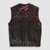 Men’s black leather vest with red stitching and diamond quilted shoulders