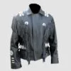 Men's Western Black Leather Fringe Jacket with beaded shoulder panels, silver conchos, and hairpipe accents
