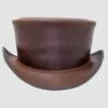 Brown leather top hat with classic unbanded design and curved brim
