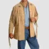 Men’s beige fringe leather long jacket with bone accents and beaded medallions