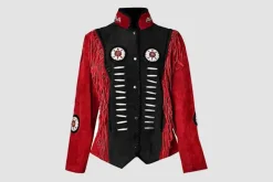 Women's Red Black Suede Military Style Cowgirl Jacket with Native American Fringes & Beads | WSMJ103B