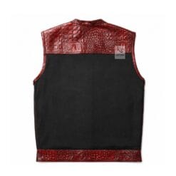 Men's crimson croc leather and black denim motorcycle vest front view