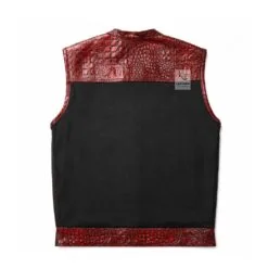 Men's crimson croc leather and black denim motorcycle vest front view