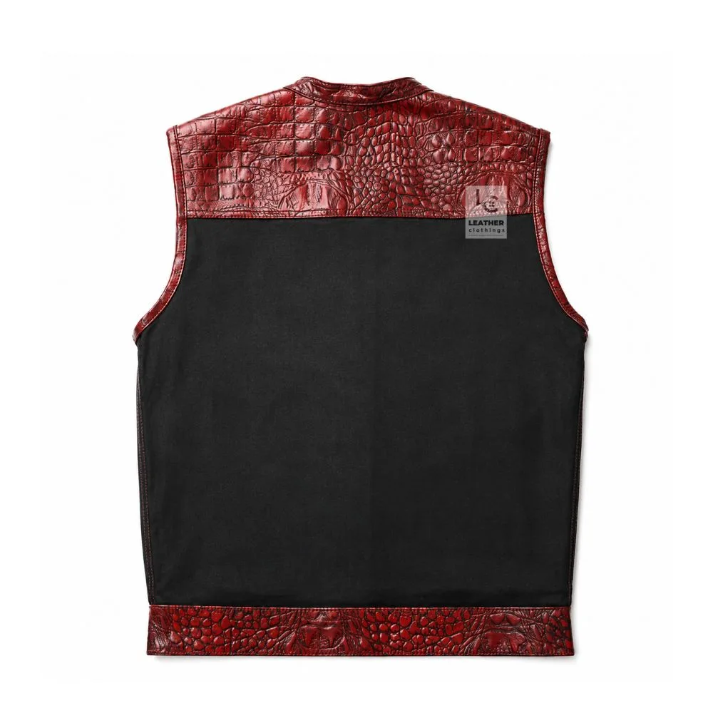 Men's crimson croc leather and black denim motorcycle vest front view