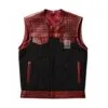 Men's Croc Leather Motorcycle Vest in black denim with embossed crimson leather panels