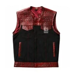 Men's Croc Leather Motorcycle Vest in black denim with embossed crimson leather panels