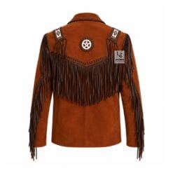 Men's Frontier Heritage Leather Fringe Jacket in cognac genuine leather with beaded shoulder panels and braided trim
