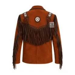 Men's Frontier Heritage Leather Fringe Jacket in cognac genuine leather with beaded shoulder panels and braided trim