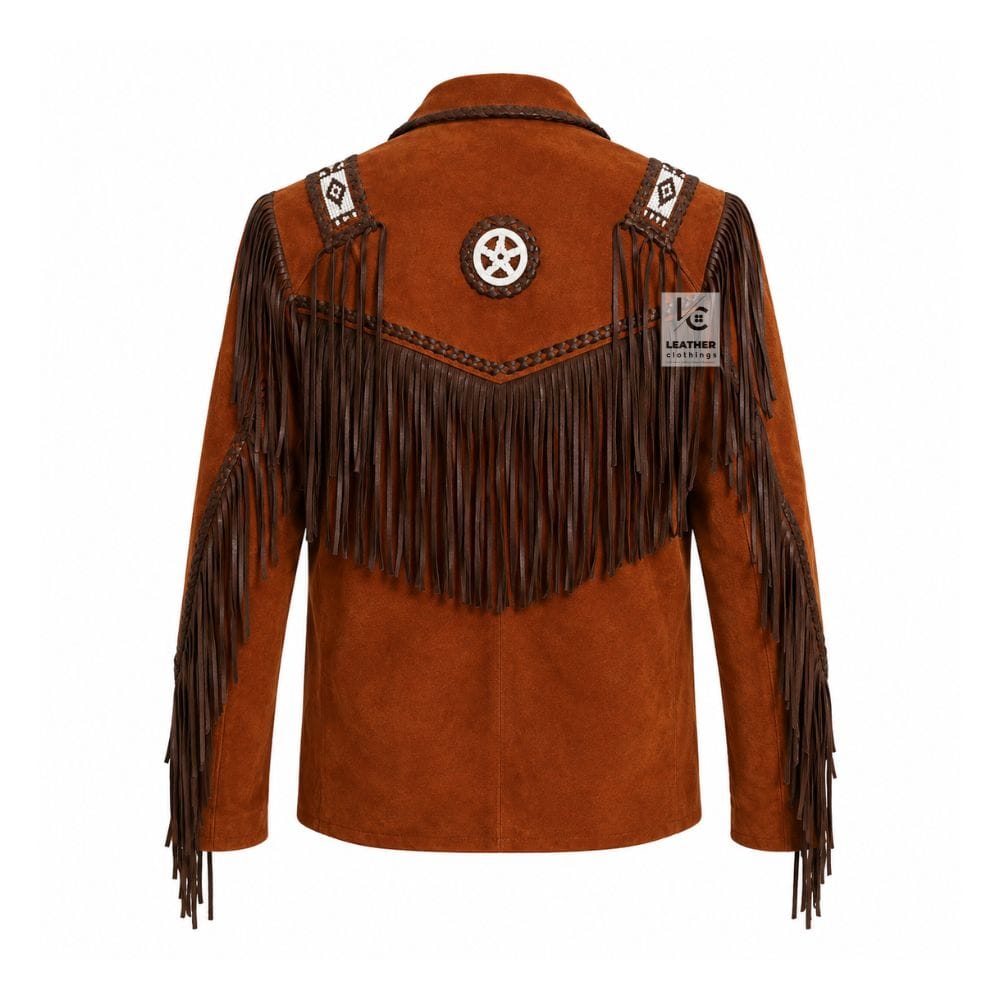 Men's Frontier Heritage Leather Fringe Jacket in cognac genuine leather with beaded shoulder panels and braided trim