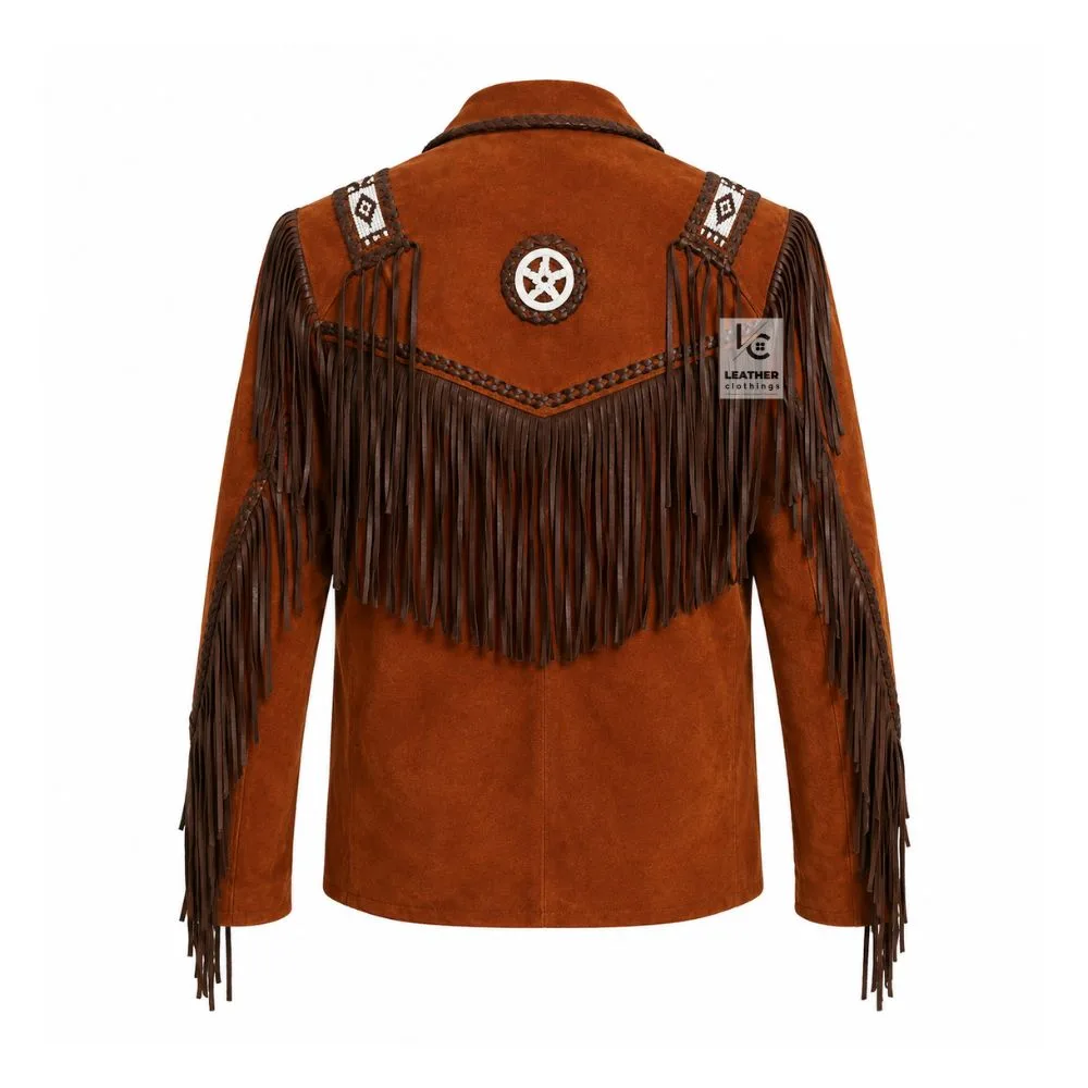 Men's Frontier Heritage Leather Fringe Jacket in cognac genuine leather with beaded shoulder panels and braided trim