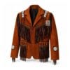 Men's Frontier Heritage Leather Fringe Jacket in cognac genuine leather with beaded shoulder panels and braided trim