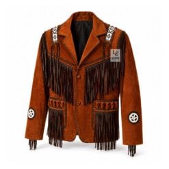 Men's Frontier Heritage Leather Fringe Jacket in cognac genuine leather with beaded shoulder panels and braided trim