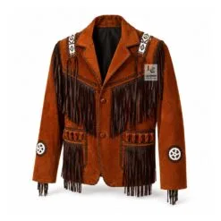 Men's Frontier Heritage Leather Fringe Jacket in cognac genuine leather with beaded shoulder panels and braided trim