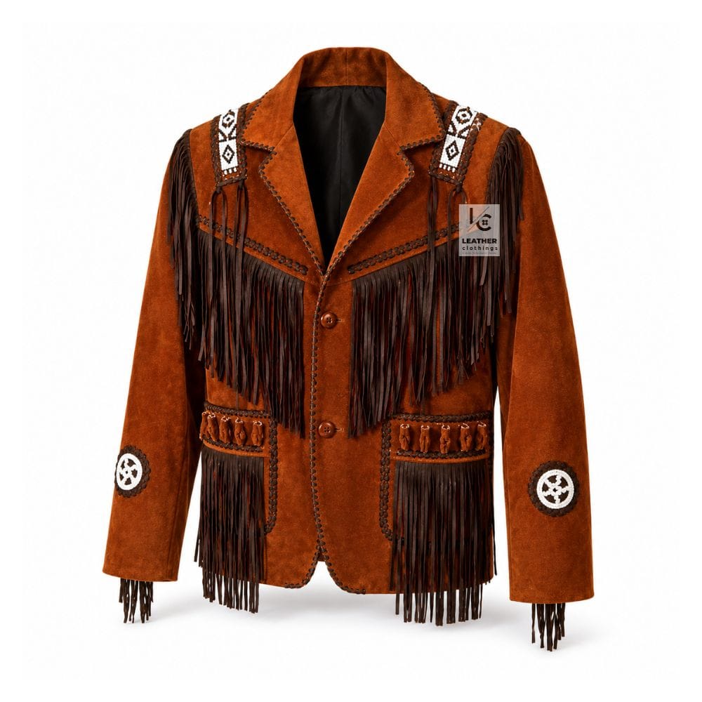 Men's Frontier Heritage Leather Fringe Jacket in cognac genuine leather with beaded shoulder panels and braided trim