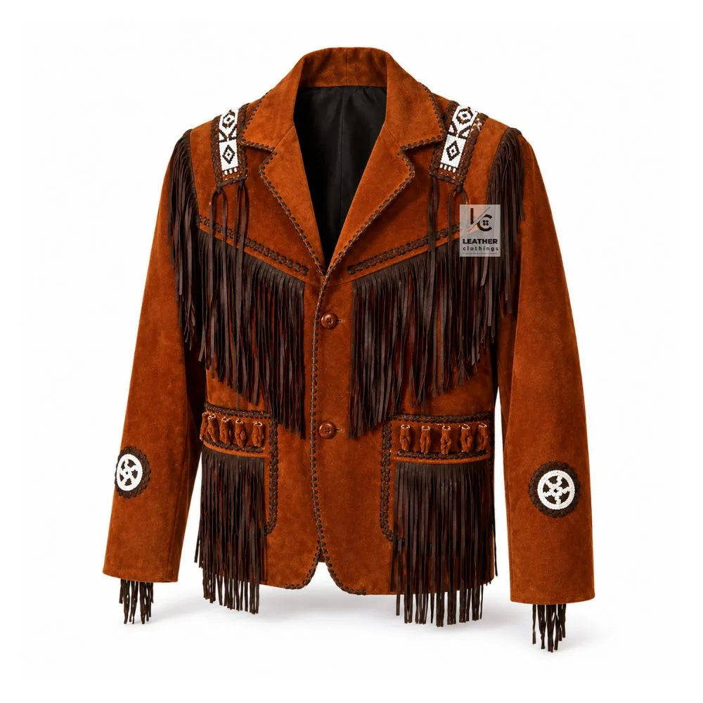 Men's Frontier Heritage Leather Fringe Jacket in cognac genuine leather with beaded shoulder panels and braided trim