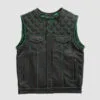 Men’s black quilted leather vest with green stitching and four pockets