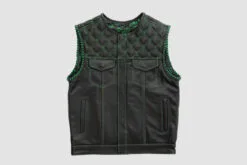 Men’s black quilted leather vest with green stitching and four pockets