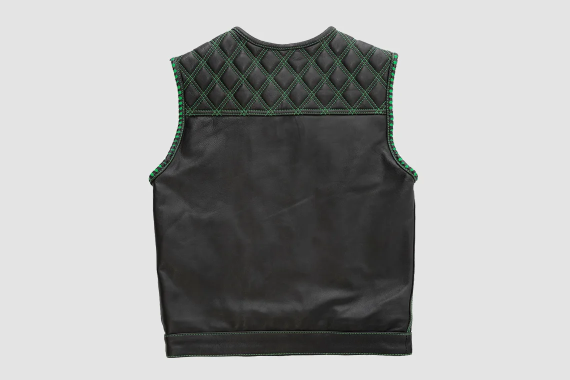 Men’s Black Quilted Leather Vest with Green Stitching and Paisley Lining - Image 3