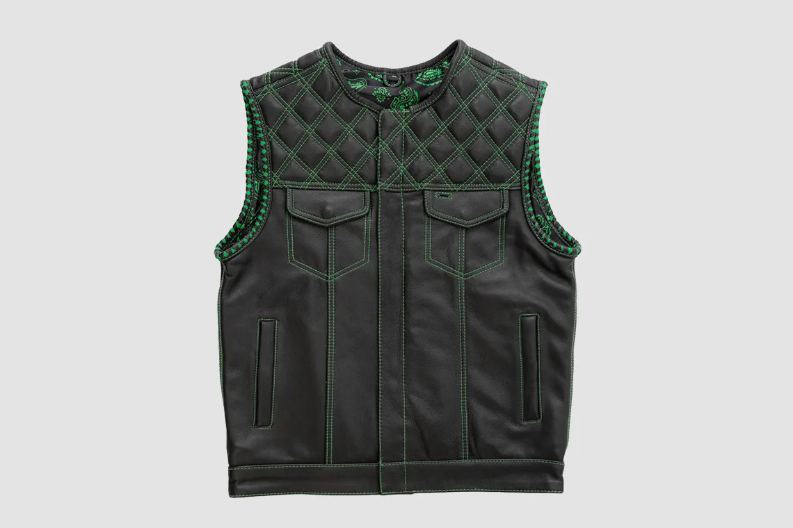 Men’s black quilted leather vest with green stitching and four pockets