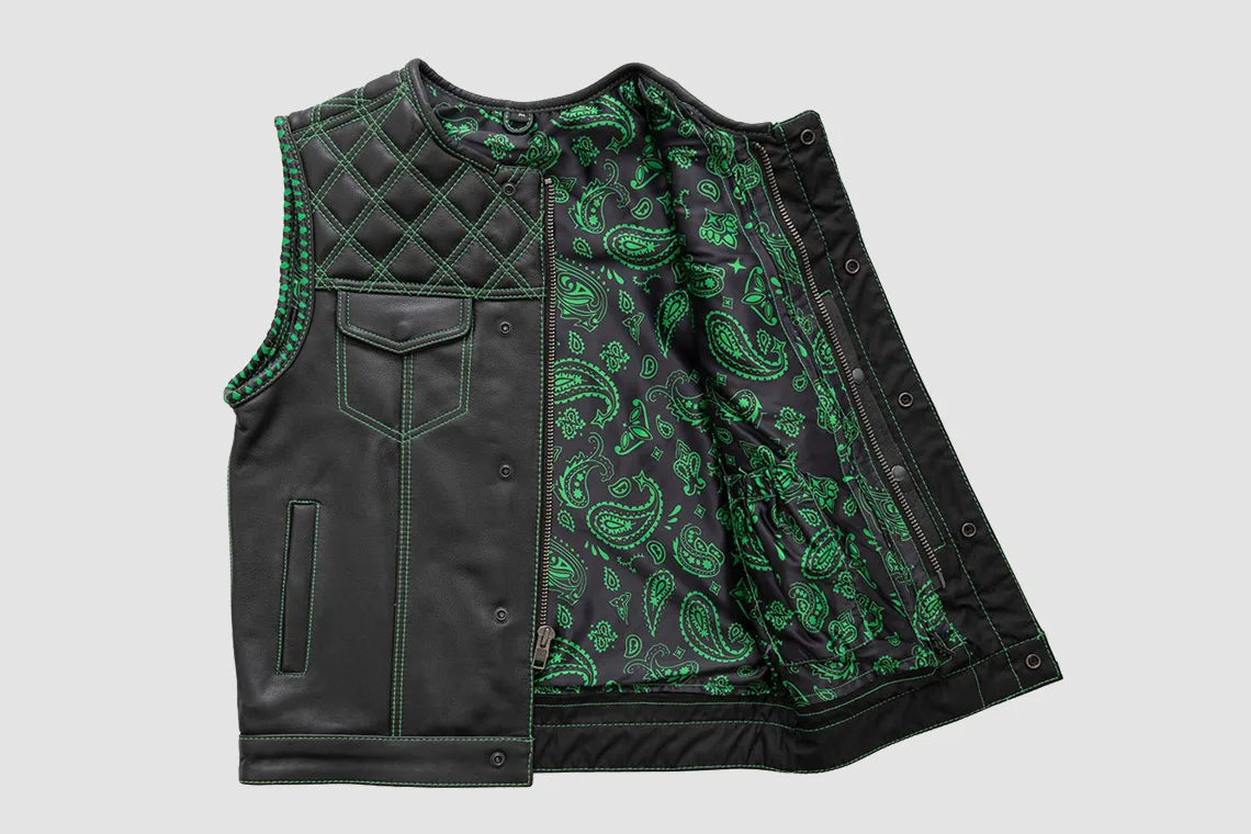 Men’s Black Quilted Leather Vest with Green Stitching and Paisley Lining - Image 2