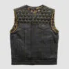 Men’s black leather vest with gold stitching and honeycomb quilted yoke
