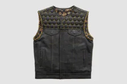 Men’s black leather vest with gold stitching and honeycomb quilted yoke