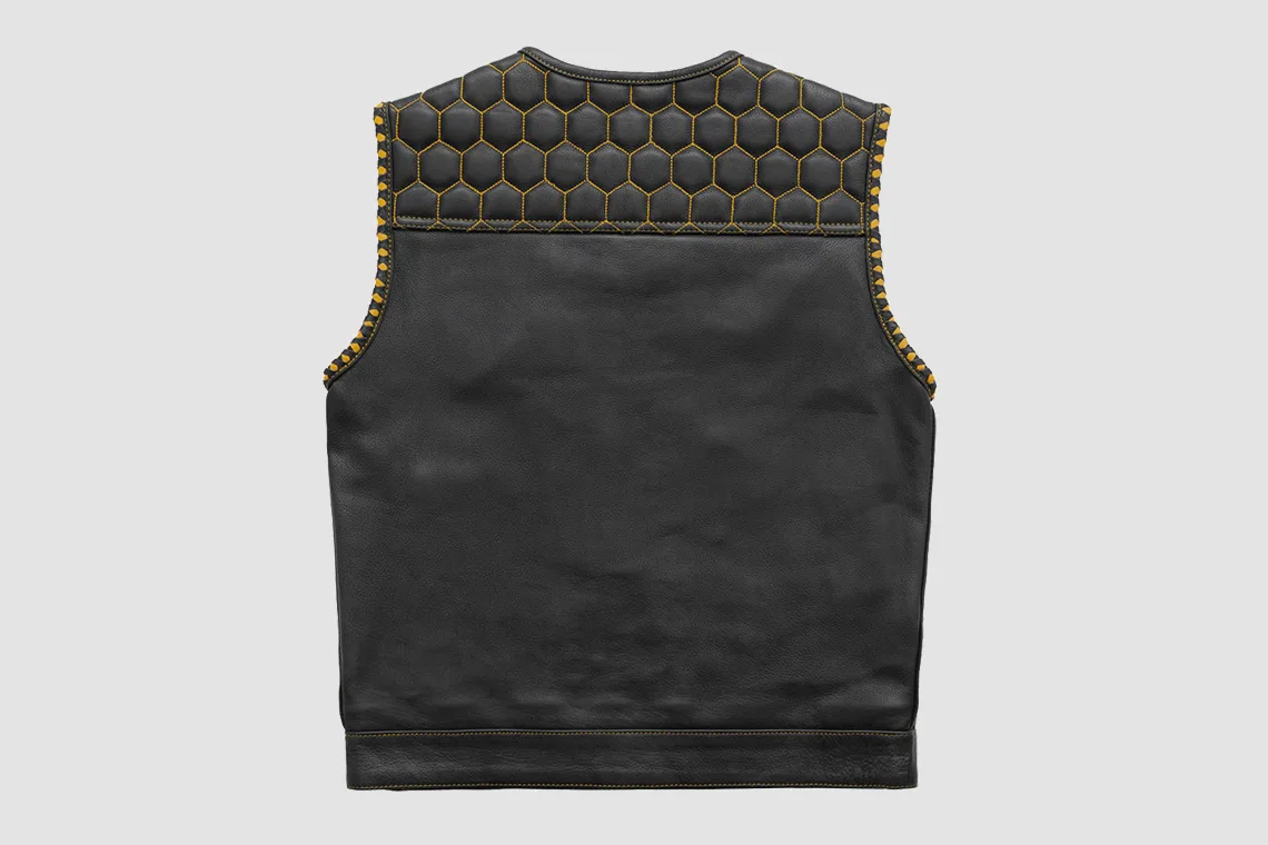Men’s Black Leather Vest with Gold Honeycomb Quilting - Image 3