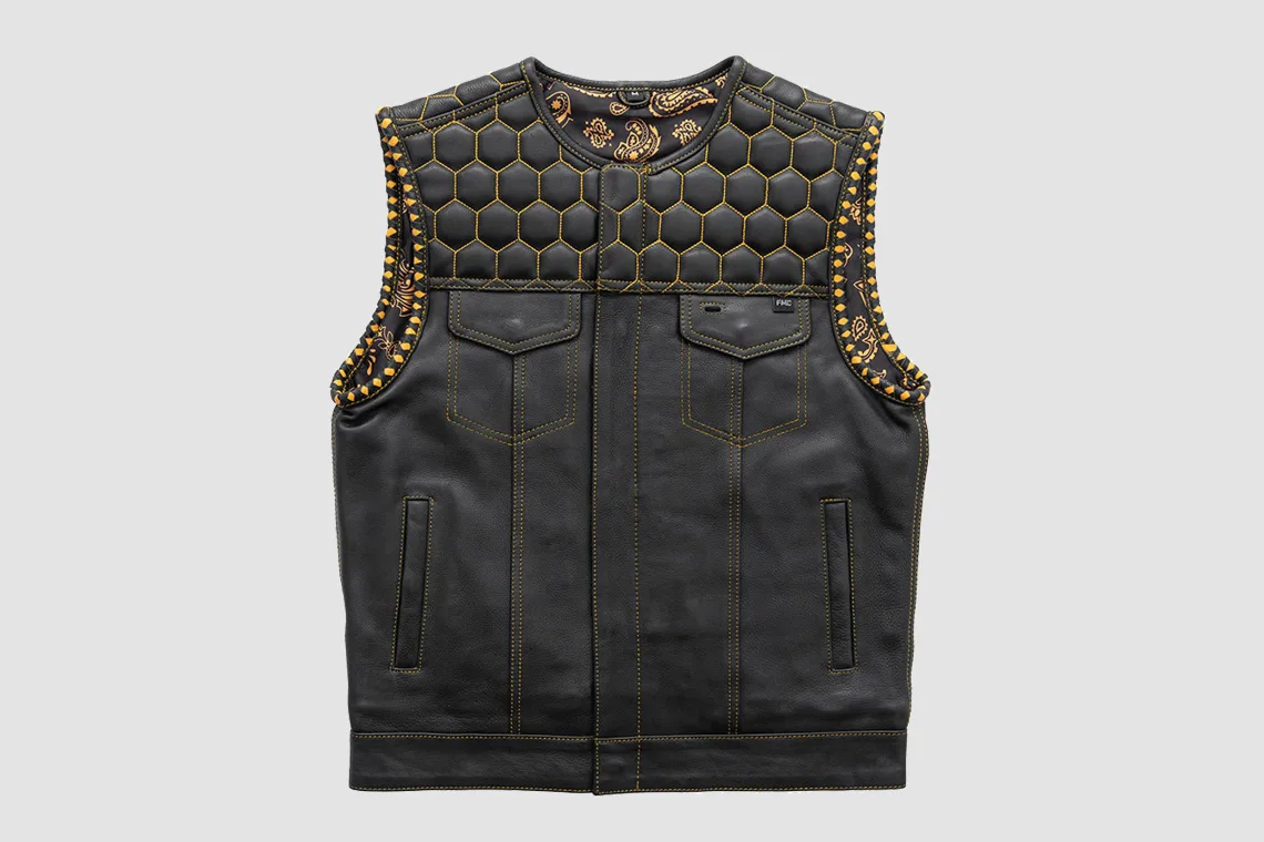 Men’s black leather vest with gold stitching and honeycomb quilted yoke