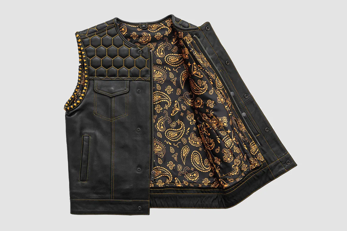 Men’s Black Leather Vest with Gold Honeycomb Quilting - Image 2