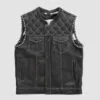 Men's Diamond Quilted Leather Motorcycle Vest in black genuine leather with concealed front closure