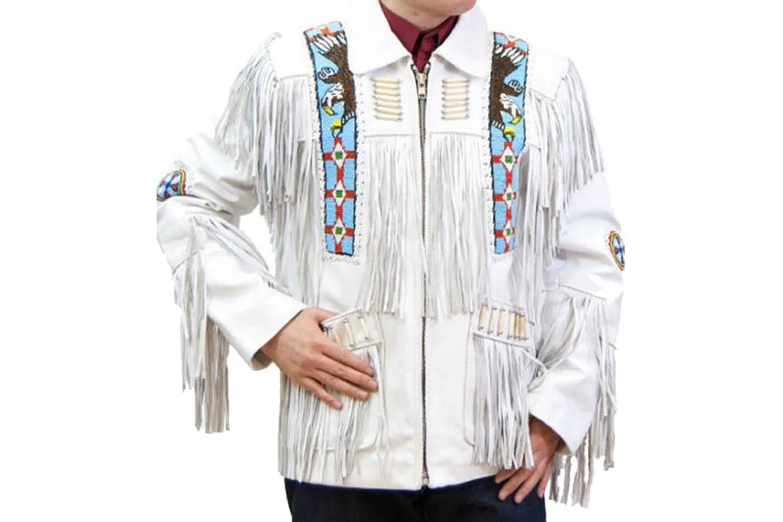 Men’s white leather cowboy fringe jacket with eagle beadwork