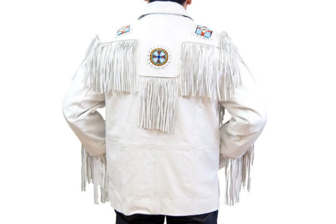 Men’s White Leather Cowboy Fringe Jacket with Eagle Beadwork - Image 2