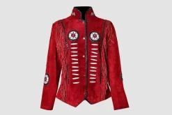 Women's Western Military Style Red Suede Jacket – Cowgirl Native American with Fringes & Beads | WSMJ103C