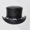 Black leather top hat with motorcycle-inspired band and biker outlaw styling