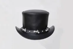 Black leather top hat with motorcycle-inspired band and biker outlaw styling
