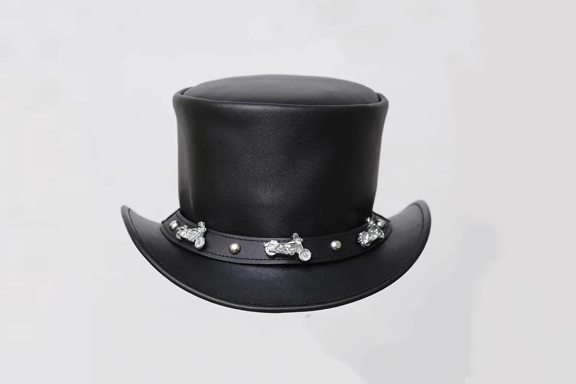 Black leather top hat with motorcycle-inspired band and biker outlaw styling